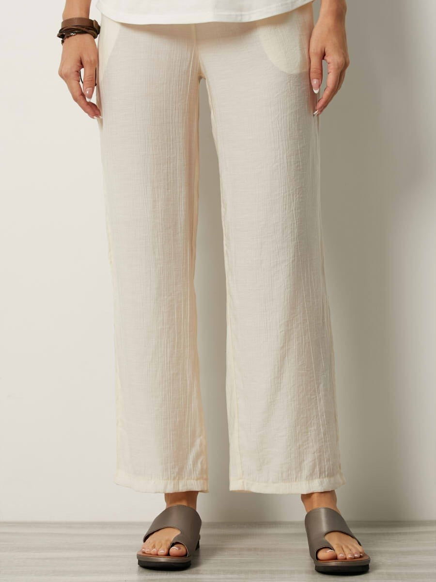 Women's Pants – Relaxed Fit – Elastic Waist – Crinkled Texture – Side Pockets