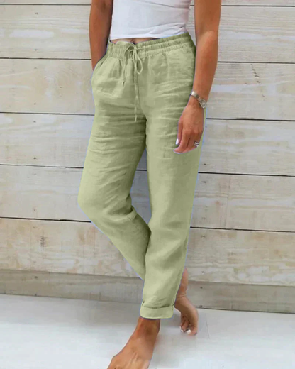 Summer linen pants with elastic waistband and drawstring