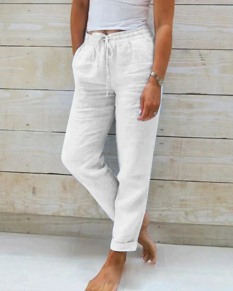 Summer linen pants with elastic waistband and drawstring