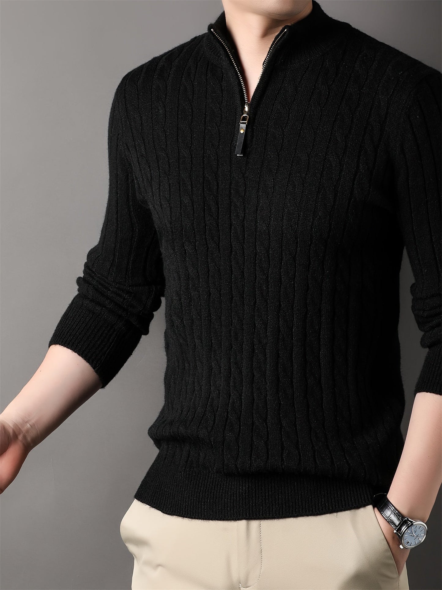 Jayden Mens Ribbed Pattern Half Zip Cable Knit Winter Sweater For Warm Comfort Everyday Wear