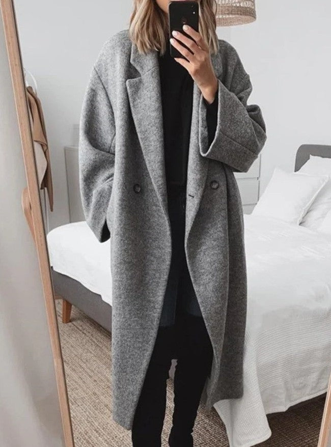 Long Oversize Caramel Coat For Women Minimalist Elegant Double Breasted Outerwear Relaxed Fit