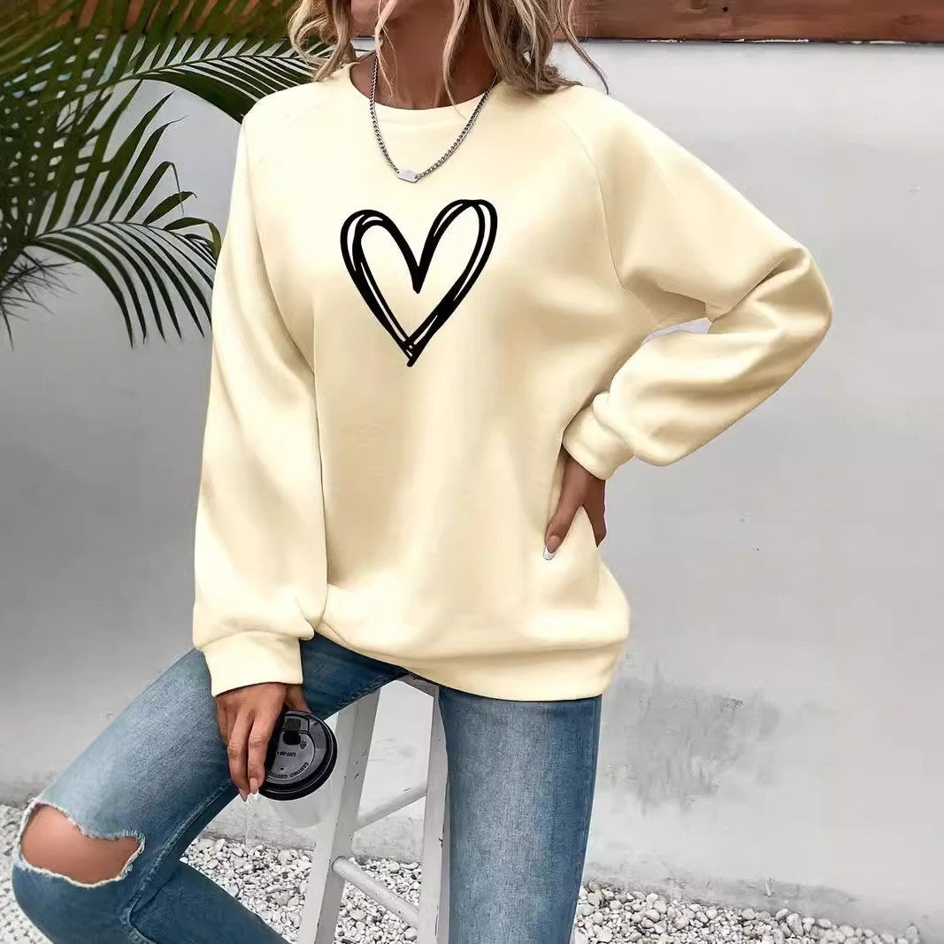 Heart print crew neck long sleeve sweatshirt