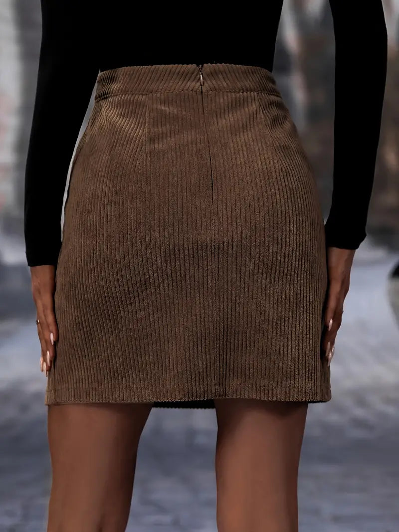 Mila Ribbed Corduroy Skirt For Women With Front Slit Soft Versatile Wardrobe Essential