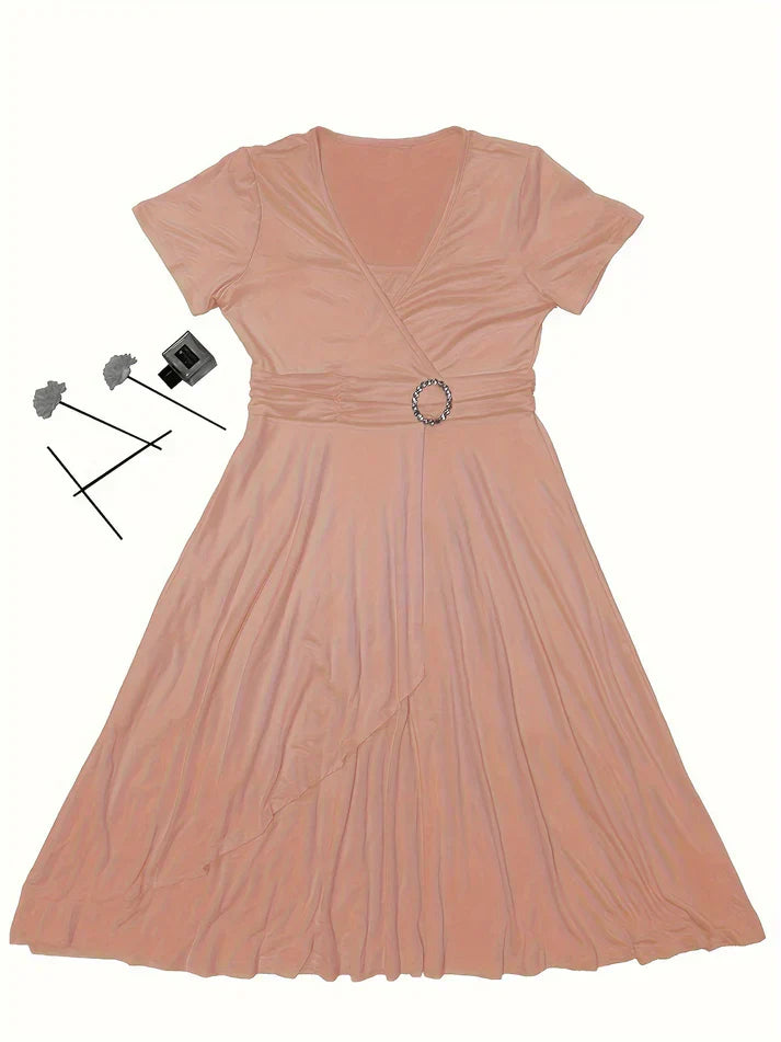 Women's Dress - Wrap Design with V-Neck - Short Sleeves - Elegant Waist Detail