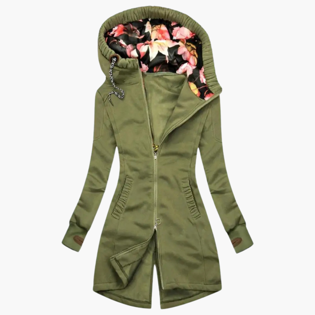 Naïma Long Zip Hooded Jacket For Women With Floral Lined Hood Chic Weatherproof Outerwear