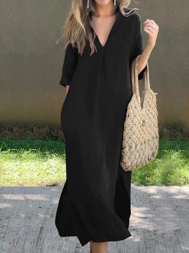 Nora Long V Neck Dress With Pockets For Women Elegant Comfort All Occasion Everyday Wear