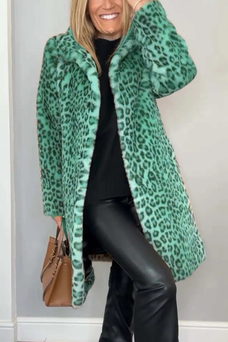 Leopard Print Faux Fur Coat Mid Length Soft Wool Feel Fabric With Spandex For Women Chic Cozy