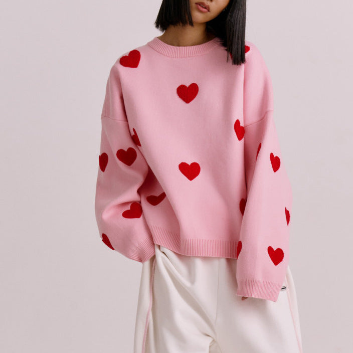 Women’s Knit Sweatshirt – Oversized Fit – Heart Pattern – Long Sleeve Casual Top
