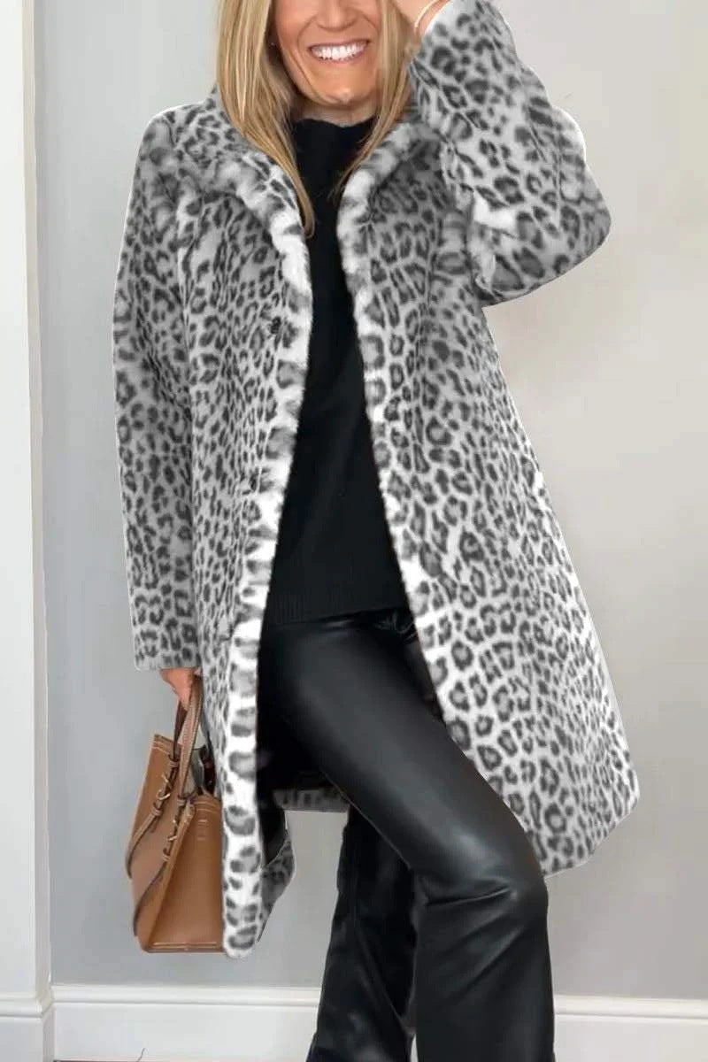 Leopard Print Faux Fur Coat Mid Length Soft Wool Feel Fabric With Spandex For Women Chic Cozy