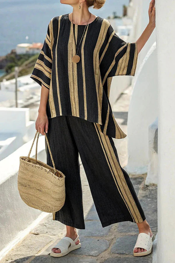 Ludmila Striped Loose T Shirt And Fluid Straight Pants Chic Comfortable Summer Ensemble For Women