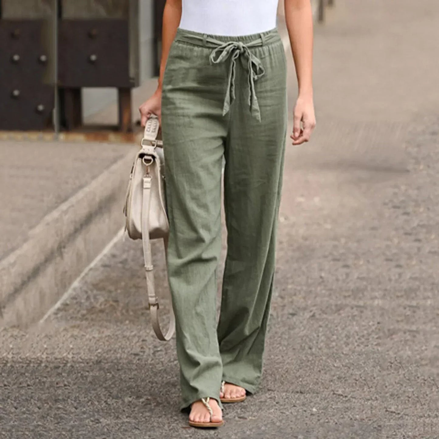 Women’s Wide-Leg Trousers – High Waist – Linen Blend – Tie Belt – Full Length