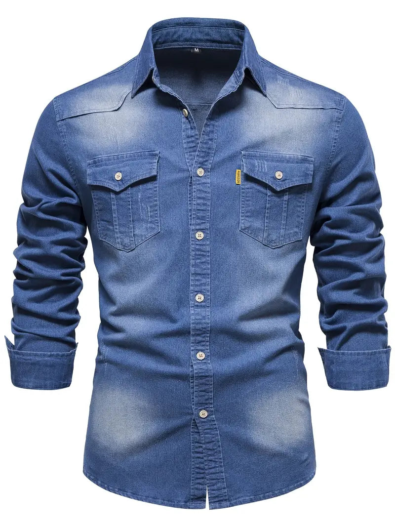 Vossermode Mens Stretch Cotton Denim Shirt With Flexible Comfort And Modern Fit