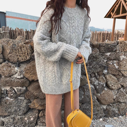 Elegant Mohair Knit Sweater For Women Cozy Cotton Alpaca Blend Soft Texture Oversized Mid Length