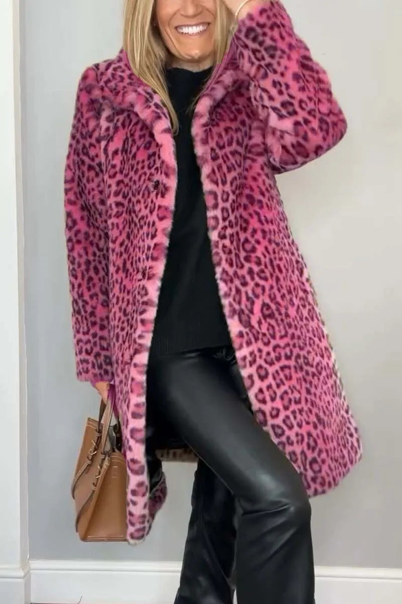 Leopard Print Faux Fur Coat Mid Length Soft Wool Feel Fabric With Spandex For Women Chic Cozy