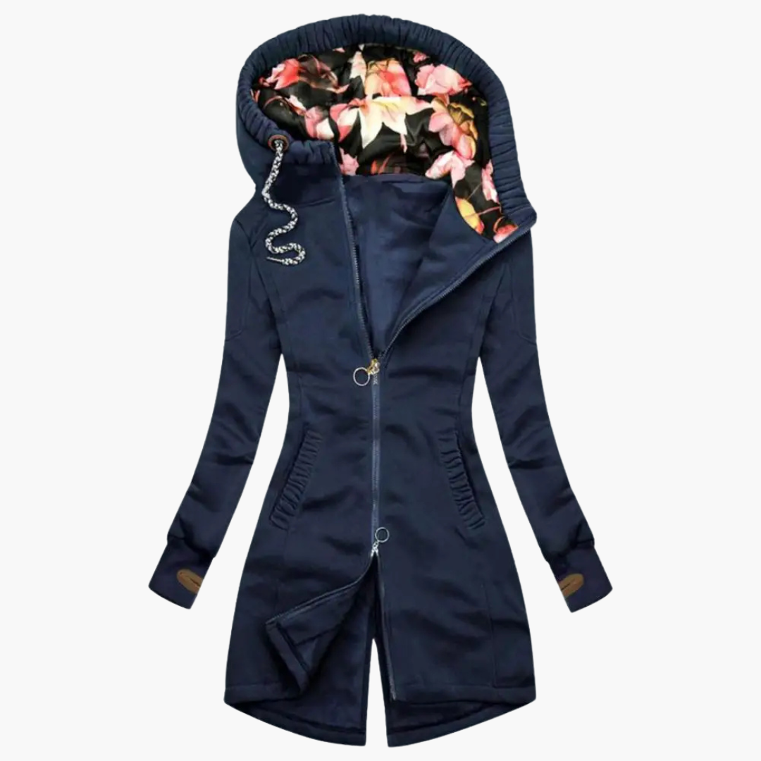 Naïma Long Zip Hooded Jacket For Women With Floral Lined Hood Chic Weatherproof Outerwear