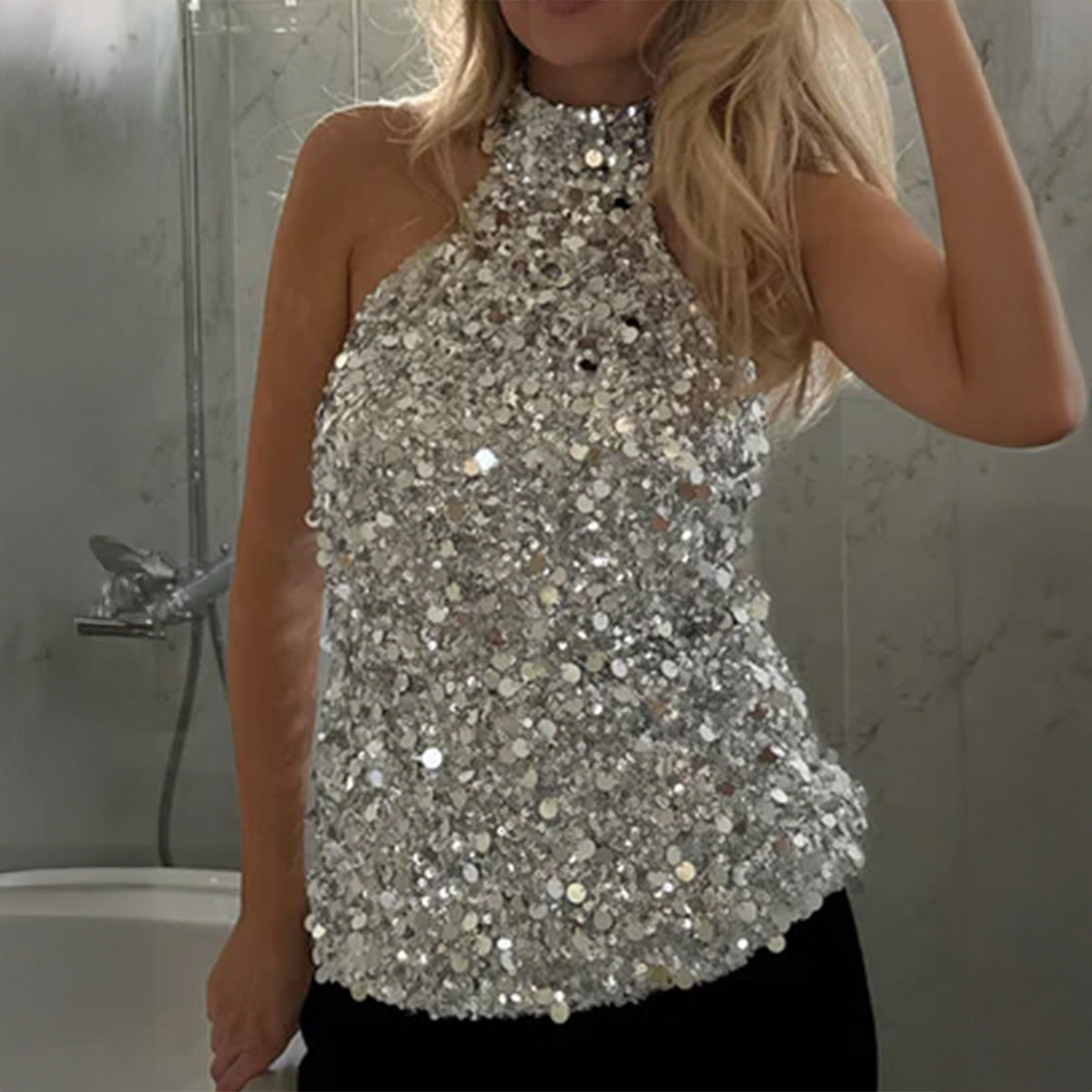 Shiny Sequin Top With High Neckline