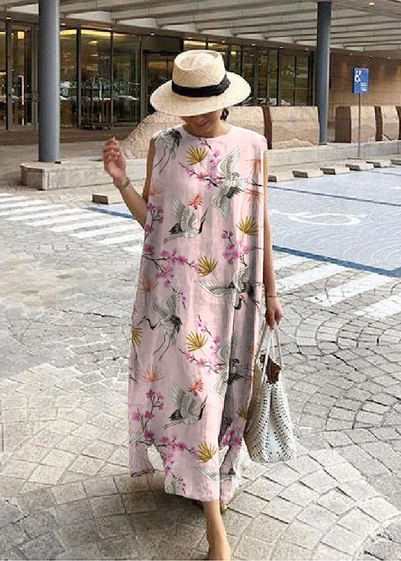 TrendAura Bohemian Linen Cotton Maxi Dress With Side Slit White Floral Print For Women Everyday Comfort