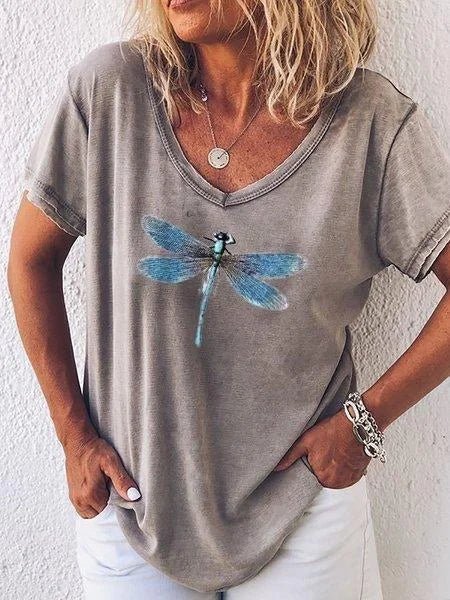 Women's Casual V-Neck Tee with Dragonfly Print and Short Sleeves