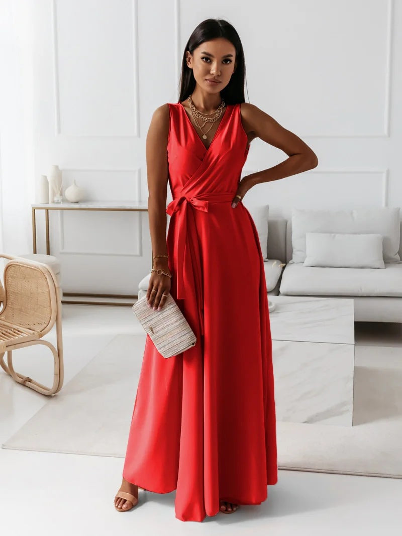 Noelia Solid Long Dress V Neck For Women Timeless Elegant Silhouette For All Occasions