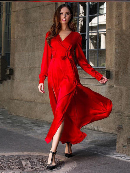 Women's Maxi Dress - V-Neck Wrap Design - Long Sleeves - High Slit Elegant Cut