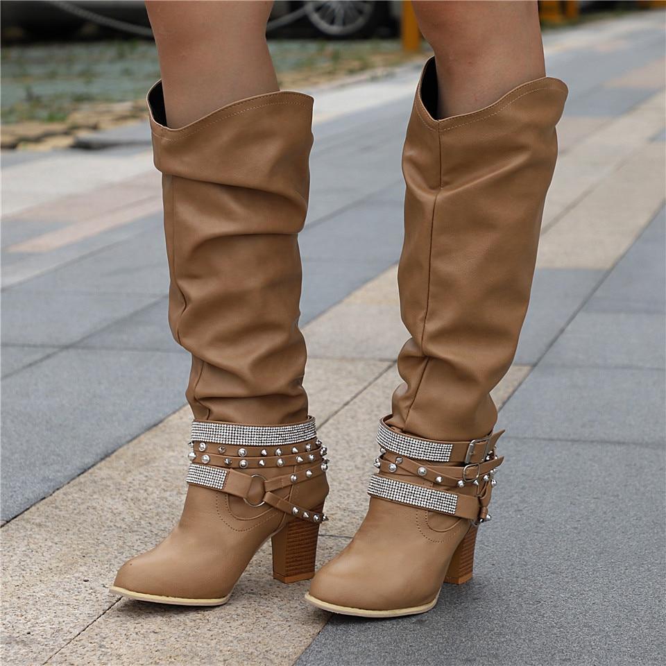 Women's Knee-High Slouchy Boots with Block Heel and Versatile Style