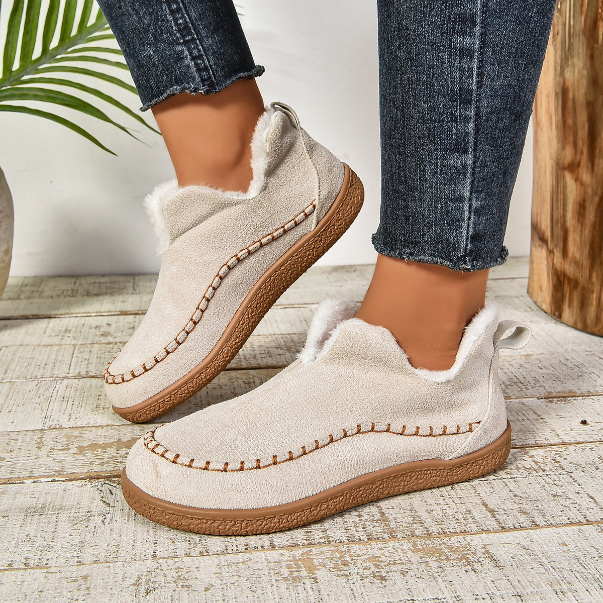 Women's Slip-On Ankle Boots with Fur Lining and Thick Sole