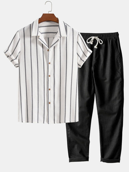 Max Striped Cuban Shirt and Linen Pants Set for Men Breathable Summer Comfort Travel Friendly Relaxed Fit