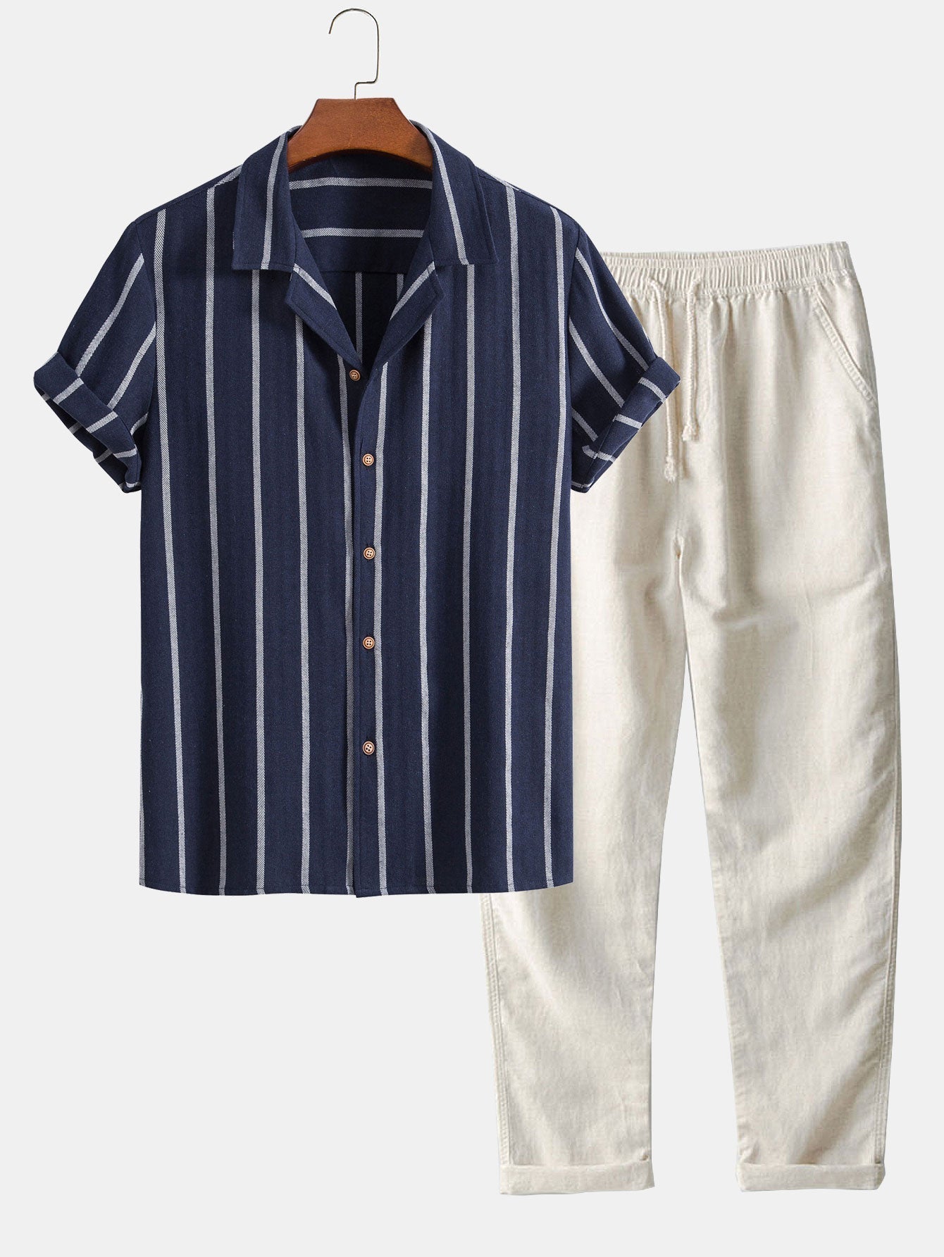 Max Striped Cuban Shirt and Linen Pants Set for Men Breathable Summer Comfort Travel Friendly Relaxed Fit