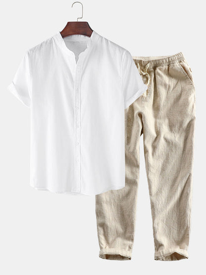 Max Linen Cotton Short Sleeve Shirt And Pants Set With Stand Up Collar For Casual Wear
