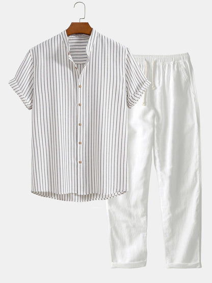 Max Striped Stand Collar Shirt And Straight Leg Pants For Men Comfortable Cotton Blend Casual Set