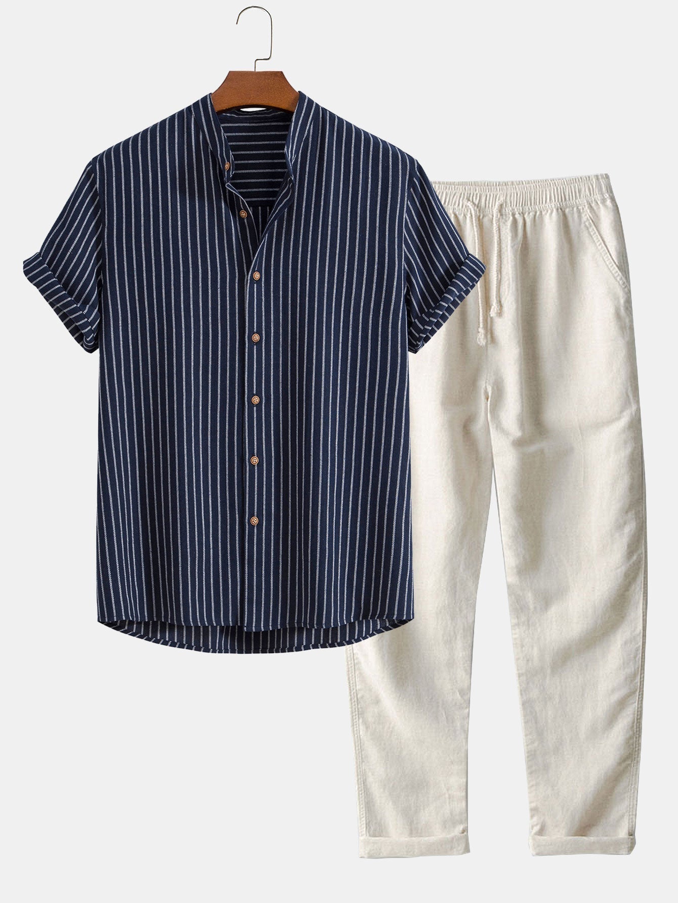 Max Striped Stand Collar Shirt And Straight Leg Pants For Men Comfortable Cotton Blend Casual Set