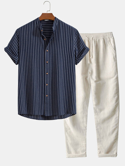 Max Striped Stand Collar Shirt And Straight Leg Pants For Men Comfortable Cotton Blend Casual Set