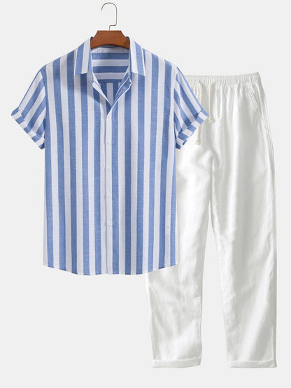 Max Striped Cotton Shirt And Straight Leg Band Trousers Set For Men Breathable Comfort And Style