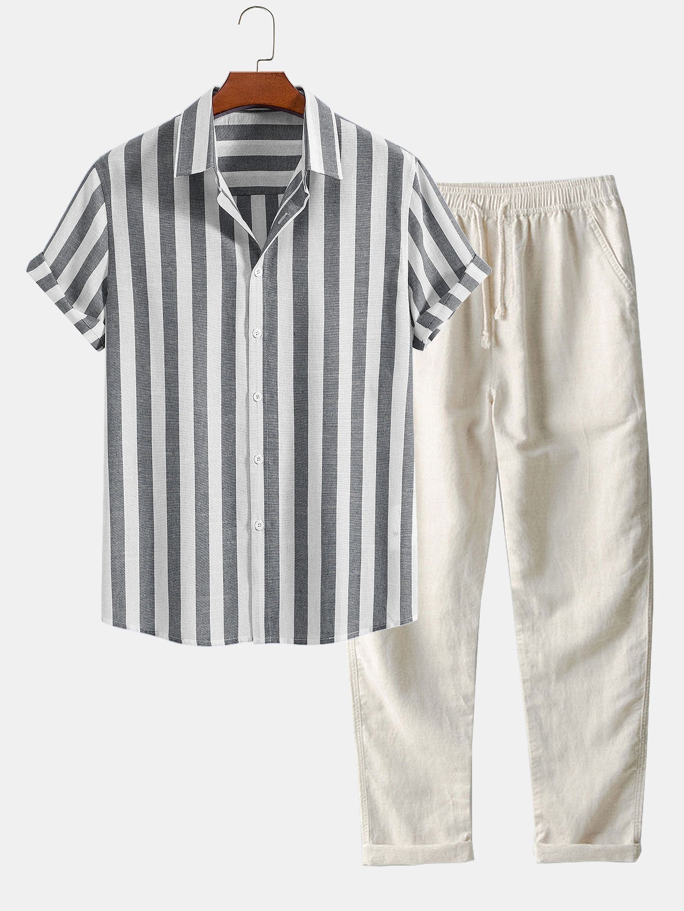 Max Striped Cotton Shirt And Straight Leg Band Trousers Set For Men Breathable Comfort And Style