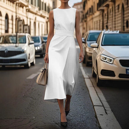 Renata Sleeveless Midi Dress With Ruched Wrap For Professional Women, Elegant Comfort For Work