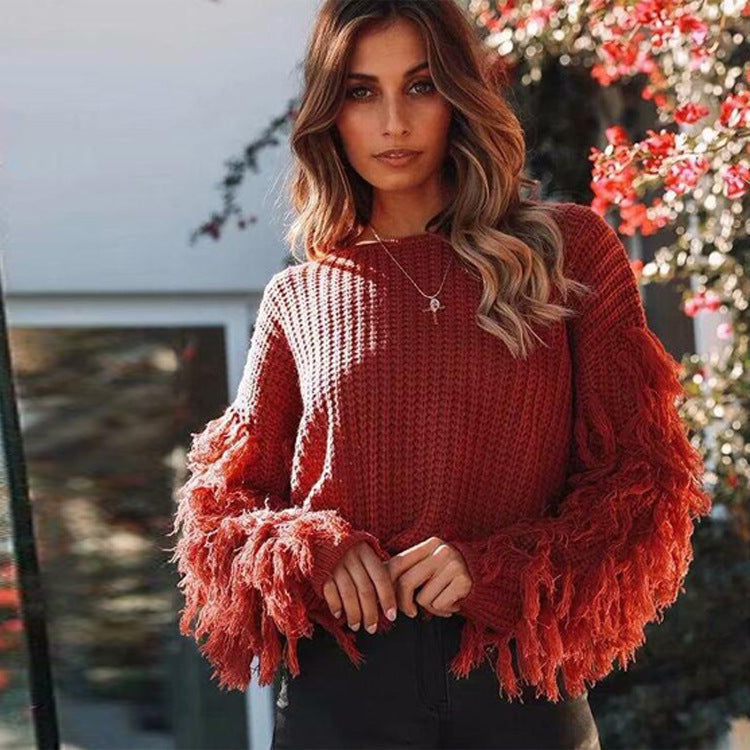 Women’s Sweatshirt – Chunky Knit – Ribbed Texture – Fringe Sleeve – Relaxed Fit