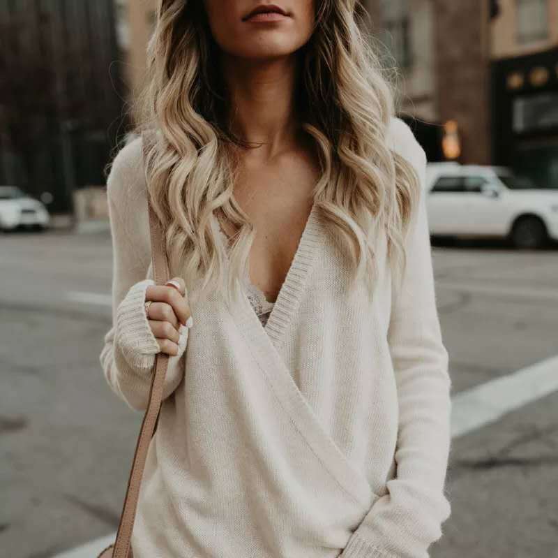 Women’s Wrap Sweater – Knit Texture – Deep V-Neck – Relaxed Fit – Long Sleeve Comfort