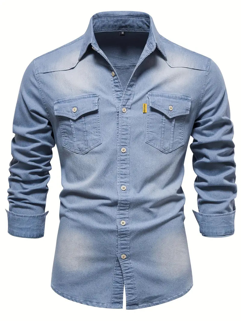 Vossermode Mens Stretch Cotton Denim Shirt With Flexible Comfort And Modern Fit