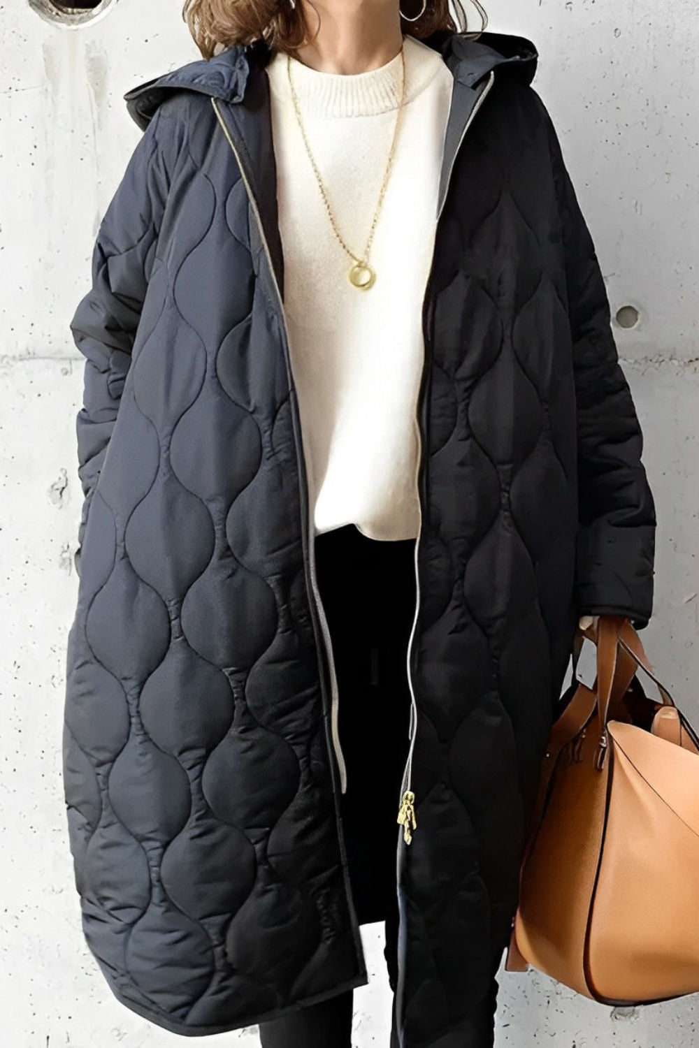 Women’s Parka Coat – Quilted Texture – Oversized Fit – Hooded Knee-Length Design