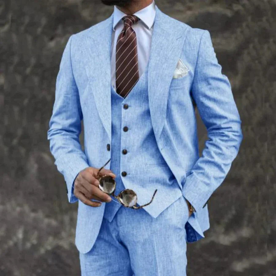 Carson Mens Three Piece Suit By TrendAura Lightweight Breathable Linen Blend Lime For Weddings Business Formal Events