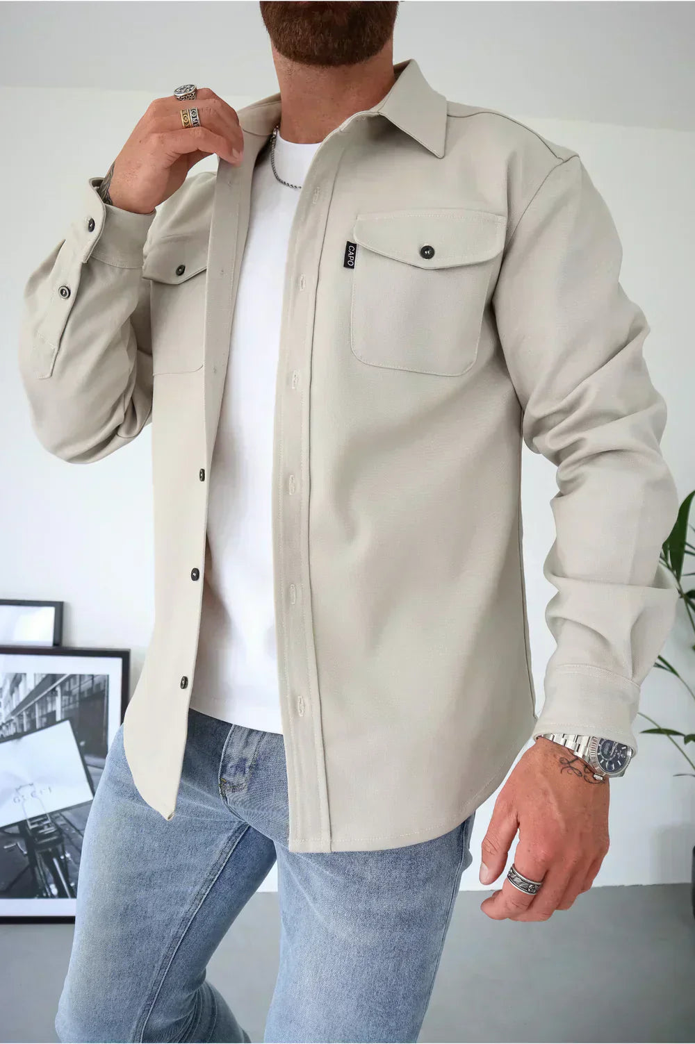 Mens Cotton Overshirt Relaxed Fit Long Sleeve Button Front Jacket For Layering Wear