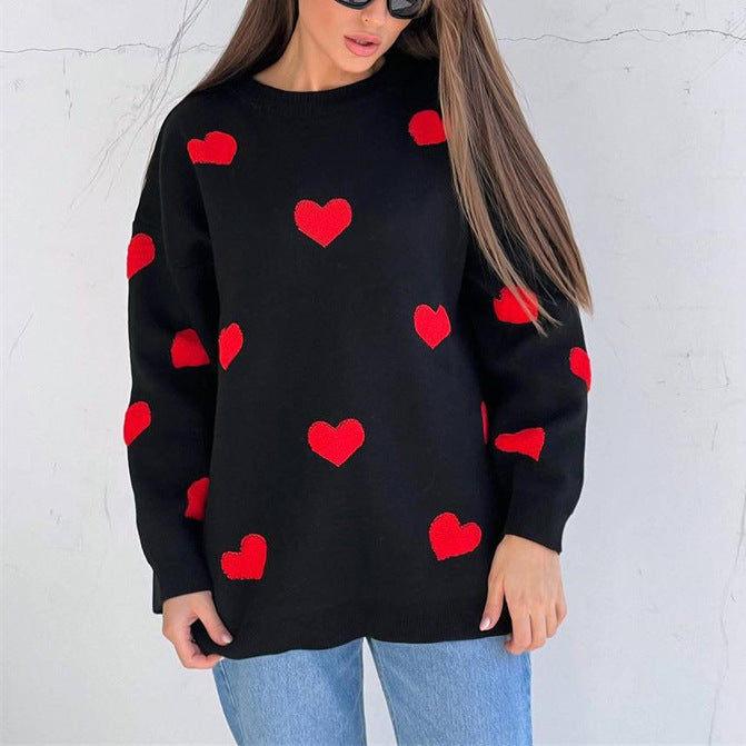 Women’s Knit Sweatshirt – Oversized Fit – Heart Pattern – Long Sleeve Casual Top