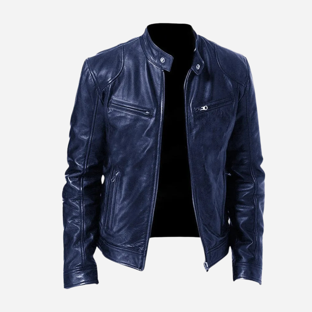 Mens Genuine Leather Biker Jacket Slim Fit With Snap Tab Collar And Zipper Closure