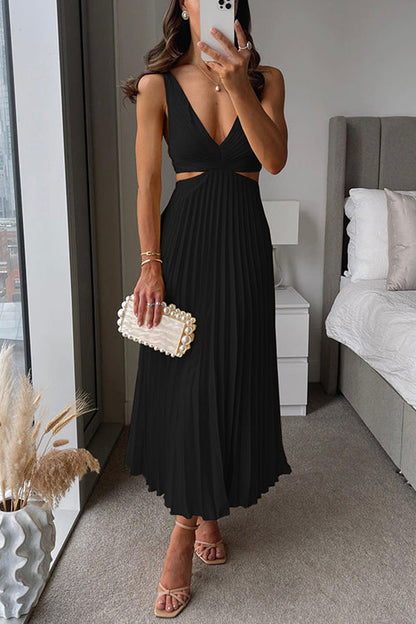 Noah Sleeveless Maxi Dress With V Neckline For Elegant Occasions Flowing Pleated Skirt Graceful Silhouette