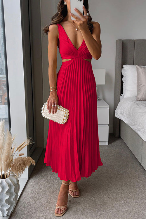 Noah Sleeveless Maxi Dress With V Neckline For Elegant Occasions Flowing Pleated Skirt Graceful Silhouette