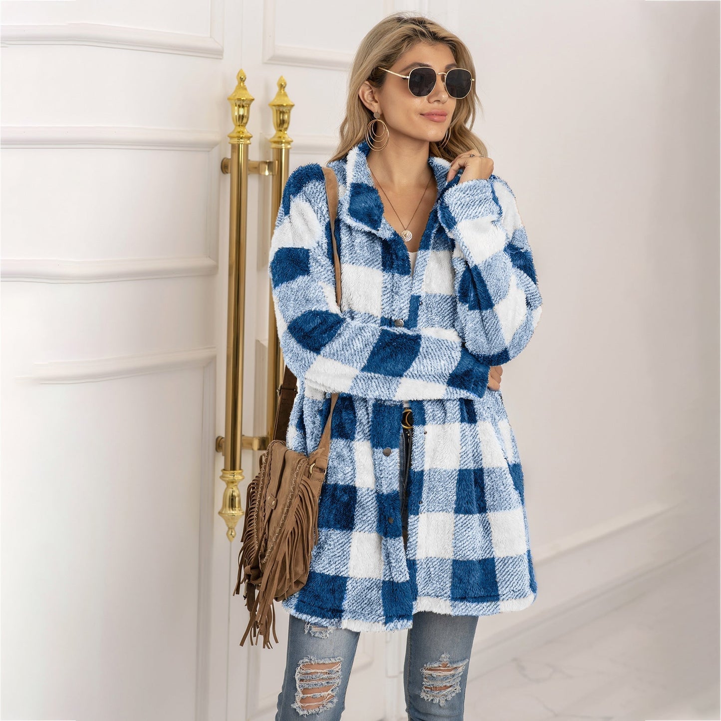 TrendAura Colorblock Fleece Plaid Coat For Women Longline Cozy Warm Winter Essential