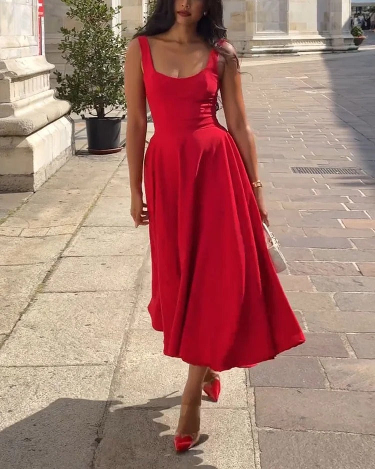 Midi Dress With Wide Straps And Flared Hem For Women Timeless Style Fitted Bodice Subtle Flare