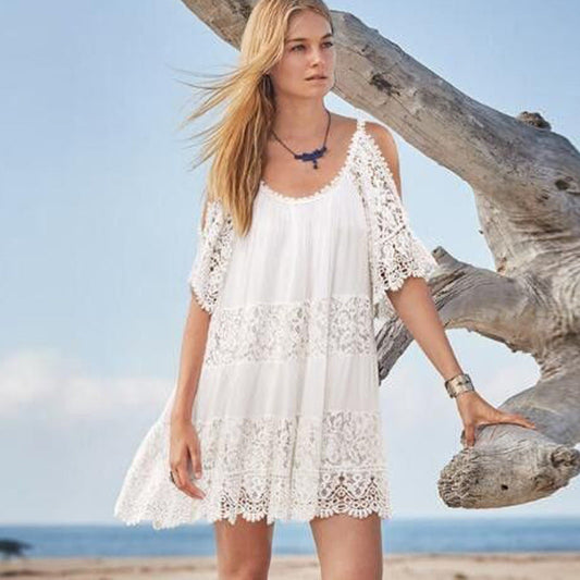 Women's Beach Dress - Cold Shoulder Lace - Casual Summer Outfit - TrendAura