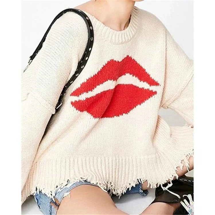 Women’s Sweater – Chunky Knit Wool – Oversized Fit – Cropped Length – Lip Motif – Fringed Hem