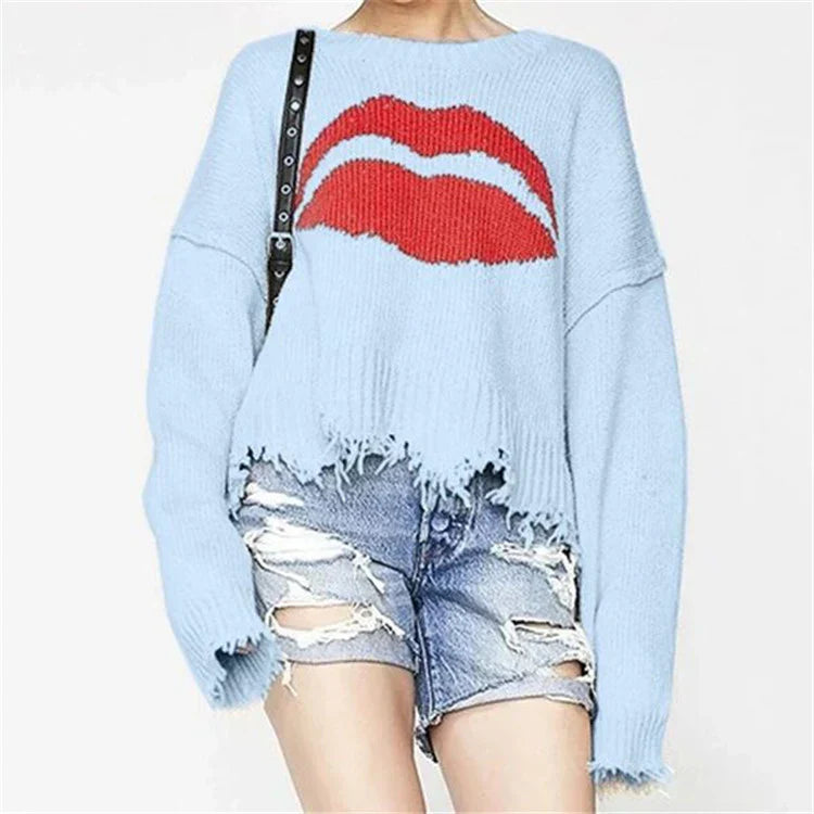 Women’s Sweater – Chunky Knit Wool – Oversized Fit – Cropped Length – Lip Motif – Fringed Hem